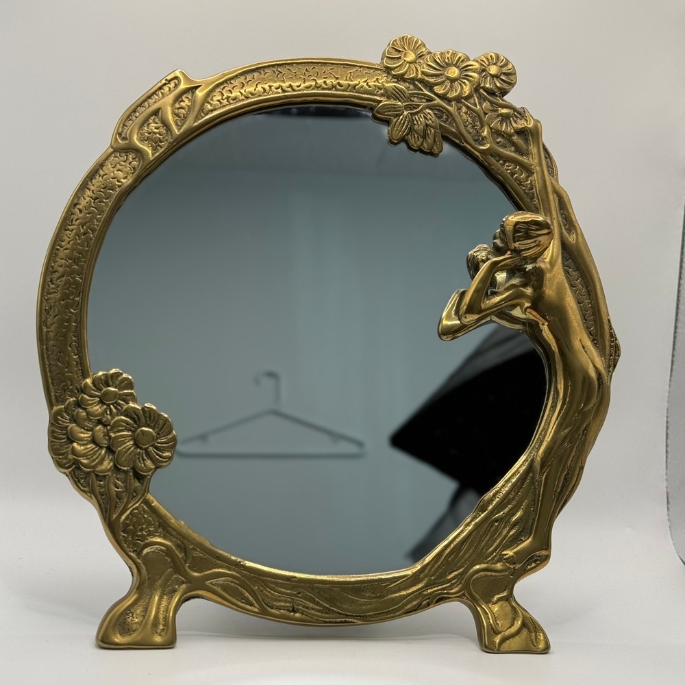 Vintage 10.5" Art Nouveau Brass Vanity Mirror 1980s Lady of Lake Dresser Mirror